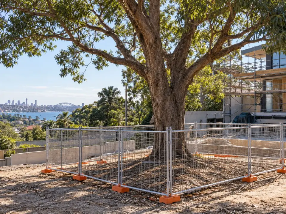 Tree Protection Zone fencing around a retained tree on a Sydney building site