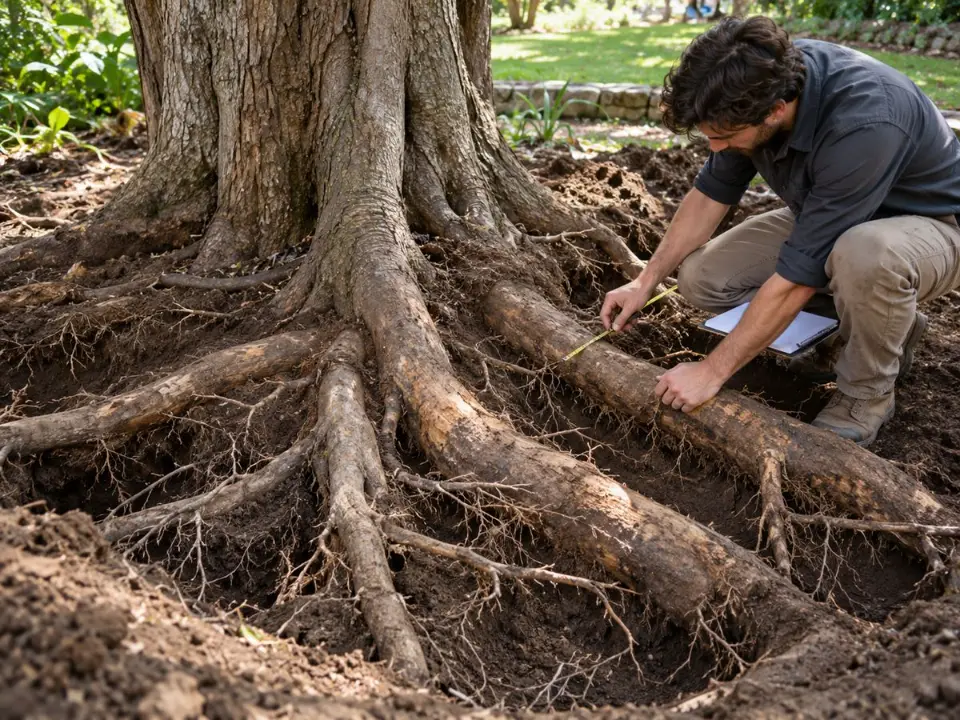 Arbor Express consulting arborist measuring exposed tree roots during a root investigation