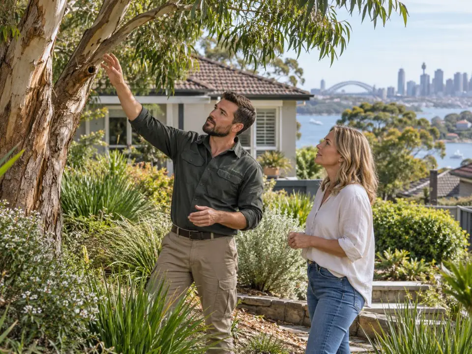 Arborist inspecting garden trees with a property owner