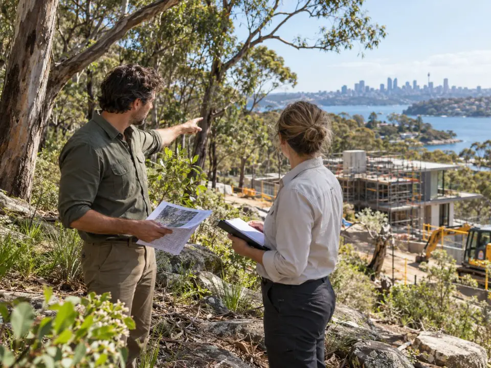 Arborist and ecologist coordinating tree and habitat requirements on a development site