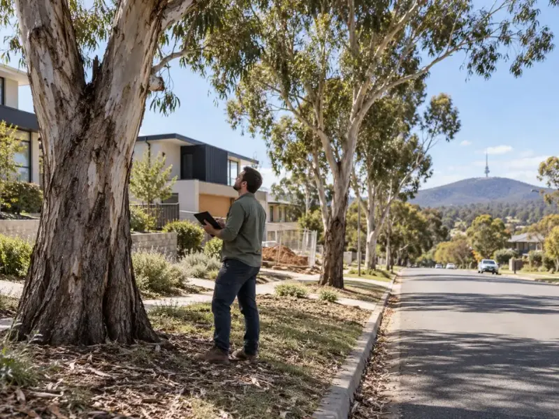 Arborist assessing mature street trees beside a new home build in a Canberra suburb