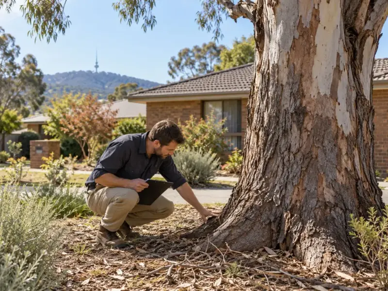 Arborist inspecting the base of a large tree in a Canberra front yard