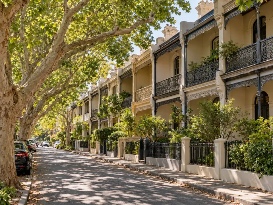 Heritage terraces and mature street trees in inner Sydney