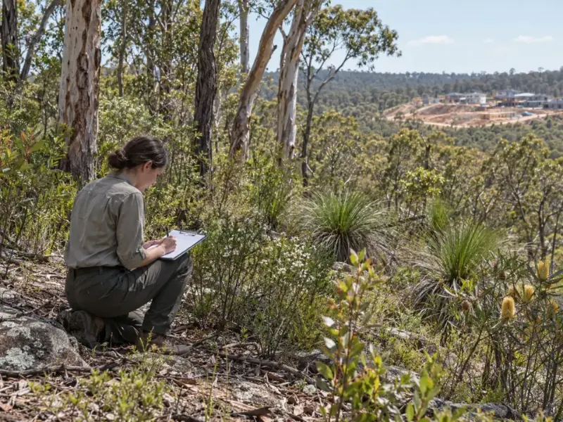 Ecologist recording native vegetation in NSW bushland beside a development site