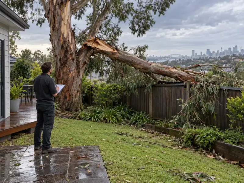 Arborist assessing a storm-damaged eucalypt with a split limb resting on a backyard fence in Sydney