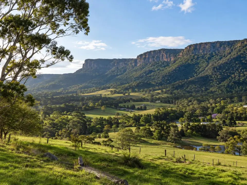Rural land and trees below the Illawarra escarpment near Jamberoo