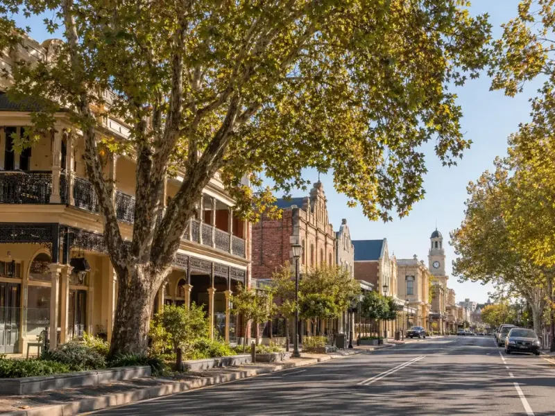 Mature trees along a heritage streetscape in central Maitland