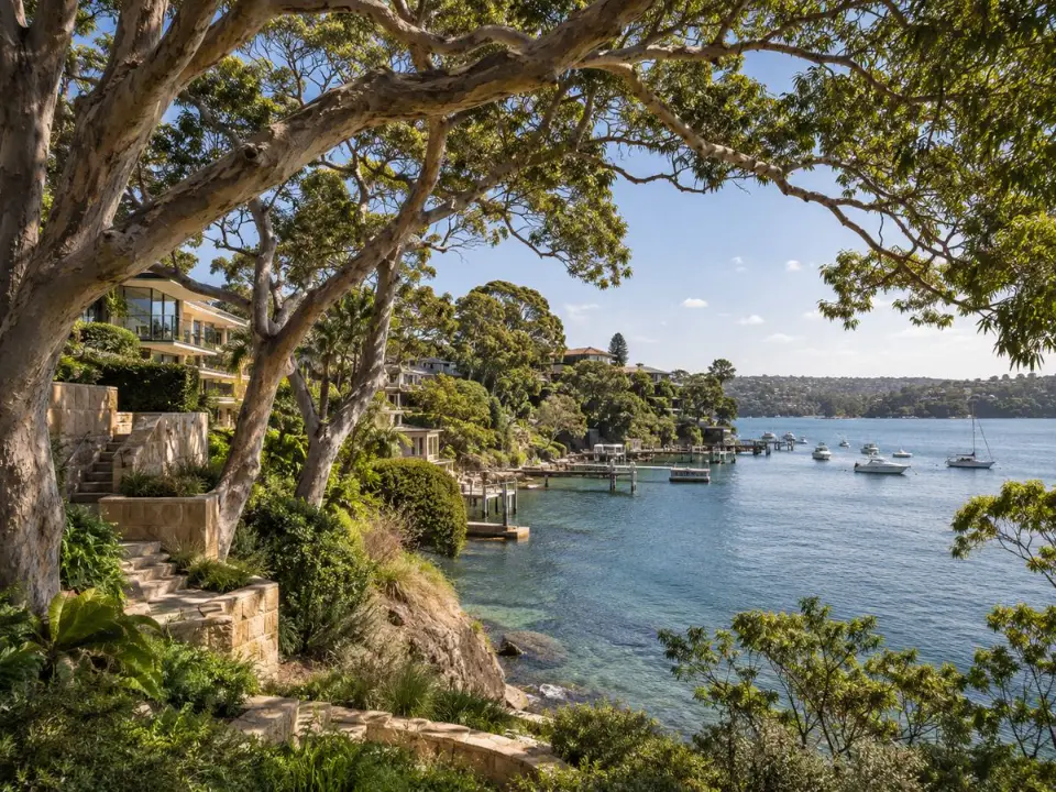 Harbourside homes under mature tree canopy in Mosman