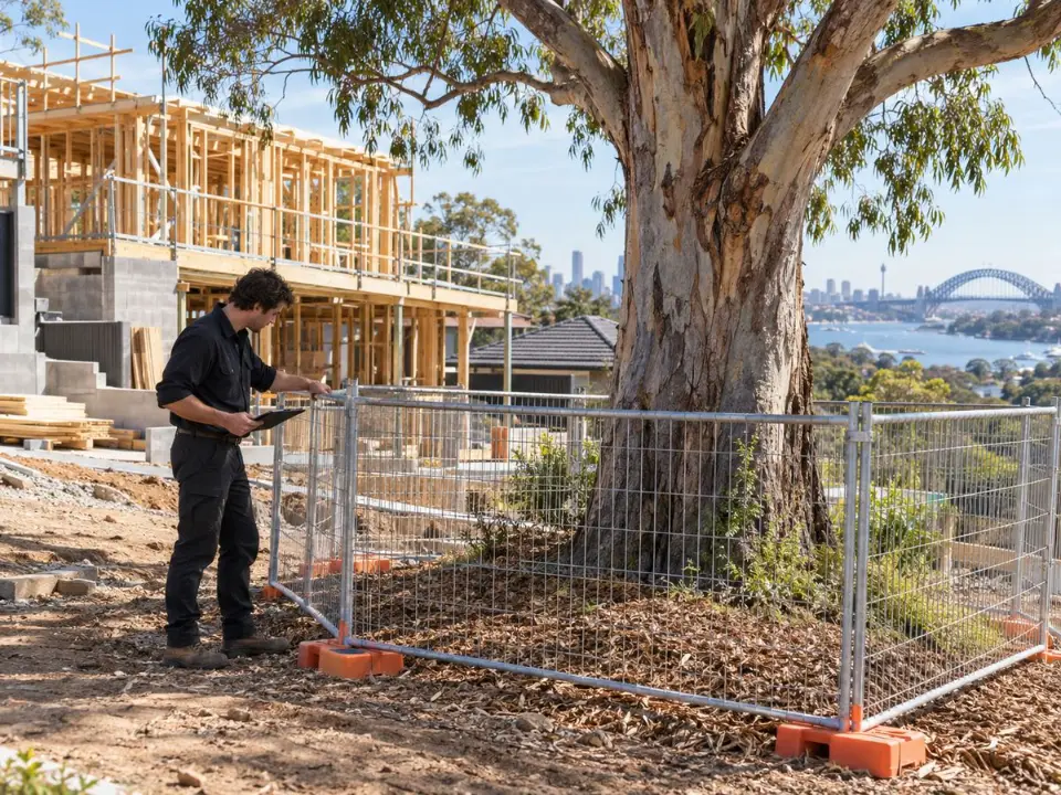 Project Arborist inspecting tree protection fencing around a retained tree on a Sydney building site