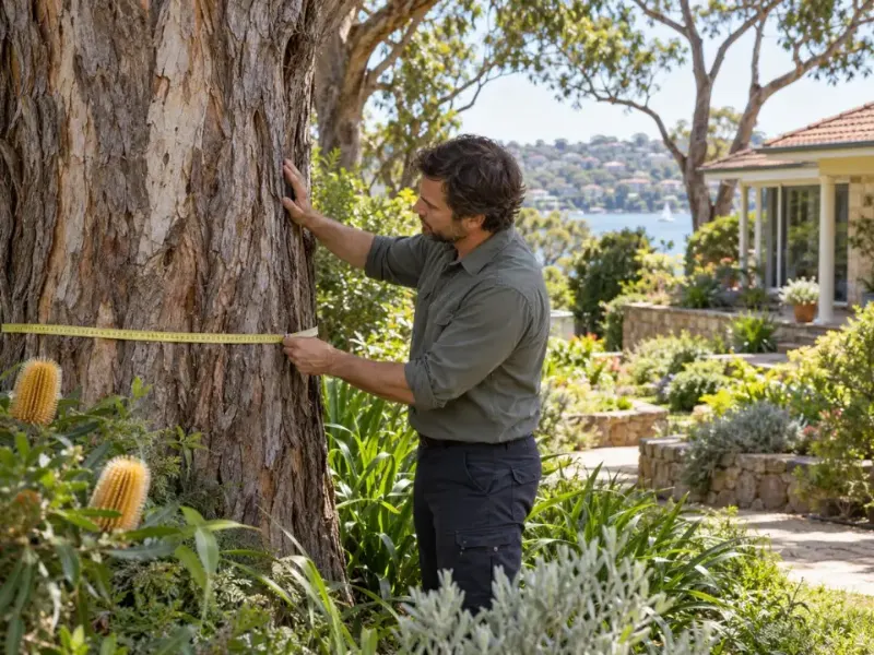 Consulting arborist measuring the trunk of a mature tree in a leafy Sydney garden