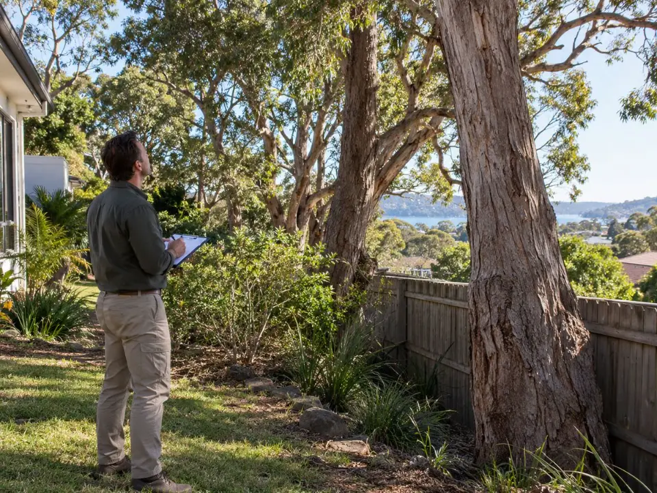 Mature trees near the boundary of a residential block being assessed for site feasibility in Sydney