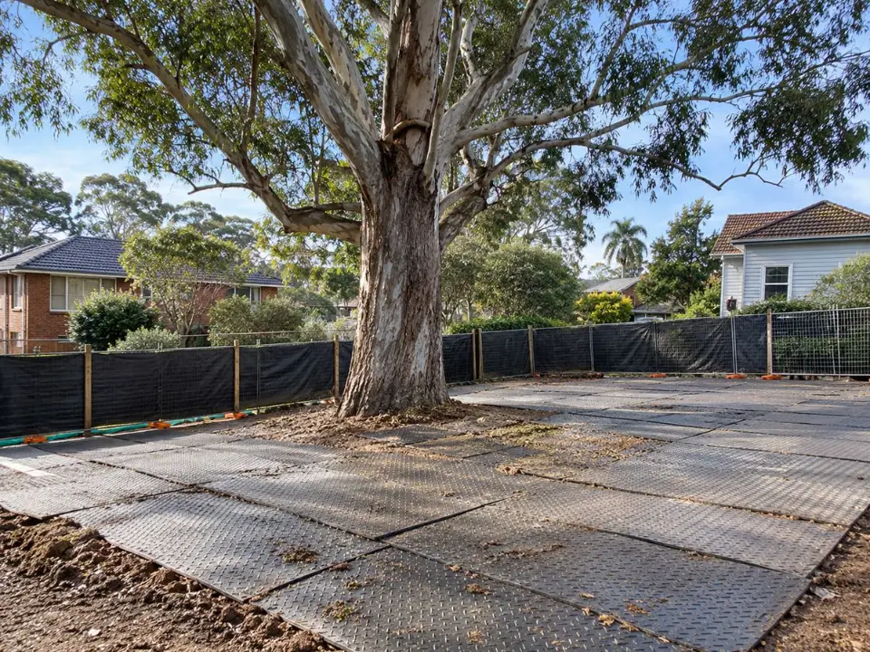 Ground protection laid over a Tree Protection Zone beside building works