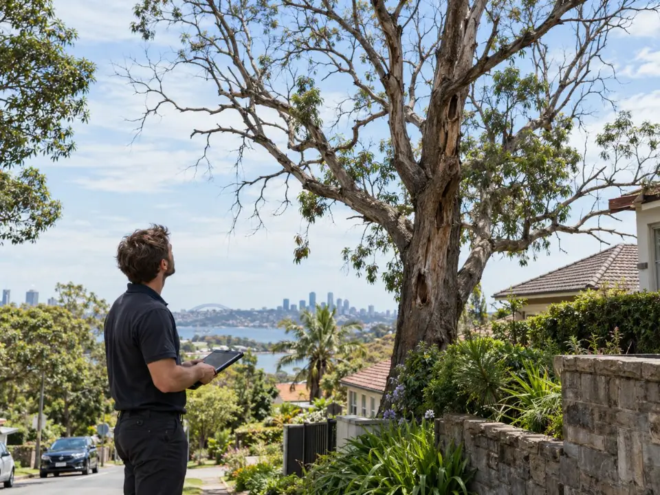 Consulting arborist inspecting a declining tree for a Sydney council tree removal application
