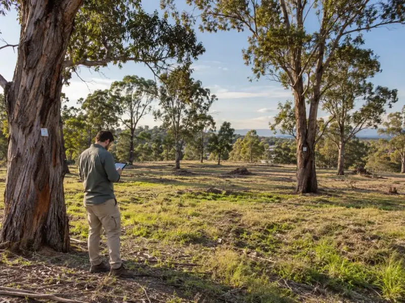Numbered trees across a large development site being mapped for a survey-integrated tree schedule