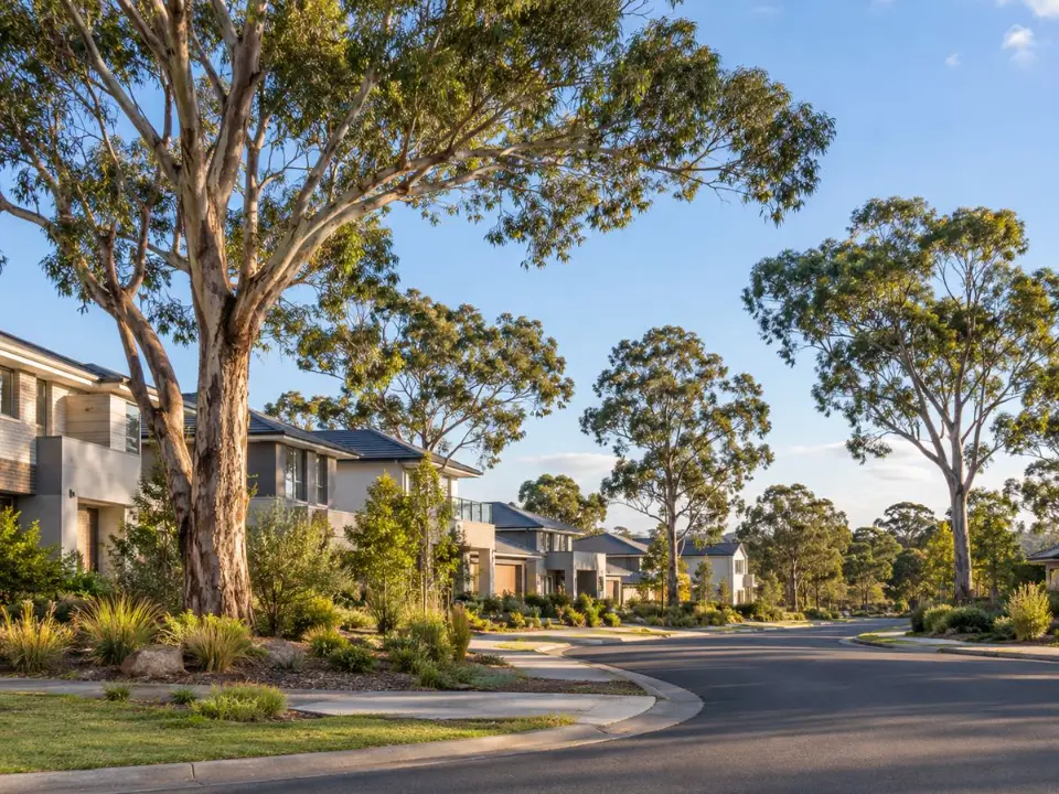 Retained trees beside new homes in a Western Sydney growth area