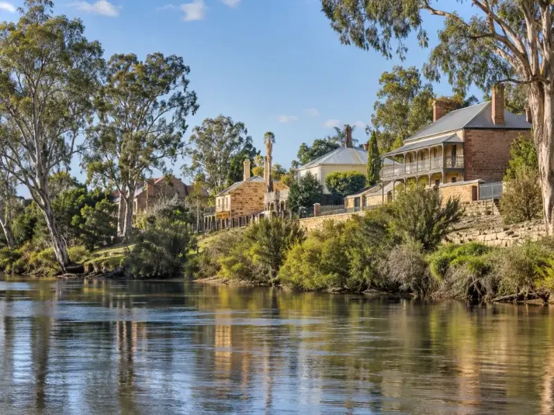Historic buildings and riverbank trees in Windsor